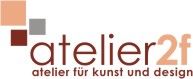 Logo von Atelier 2f, atelier für kunst und design, mit geometrischen Formen in Braun- und Grautönen.