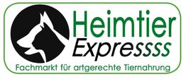 Logo mit Tierkopf-Silhouetten, Text "Heimtier Expressss", "Fachmarkt für artgerechte Tiernahrung".