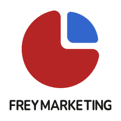 Rotes und blaues Kreisdiagramm-Logo mit Text: "FREYMARKETING".