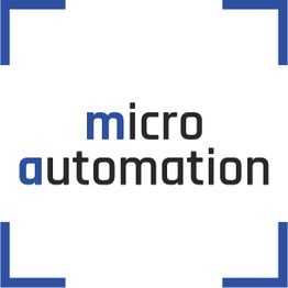 Logo mit den Worten "micro automation" in der Mitte und blauen Winkeln an den Ecken.