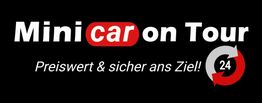 Minicar-Logo mit Slogan: "Preiswert & sicher ans Ziel!" und einem 24-Stunden-Symbol.