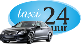 Zwarte taxi voor blauw logo “taxi 24 uur”.