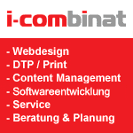 i-combinat Logo mit Dienstleistungen: Webdesign, DTP, CMS, Software, Service, Beratung & Planung.
