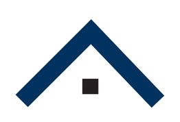 Ein einfaches Haus-Symbol mit blauem Dach und schwarzem Quadrat als Tür auf weißem Hintergrund.