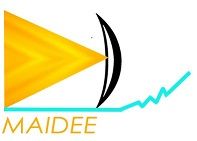 Logo con flecha amarilla y arco negro. Texto "MAIDEE" abajo con línea azul en zigzag.