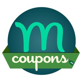 Green "m coupons" logo on a dark blue circle with a green banner below.