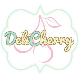 Logo de DeliCherry con cerezas rosa y borde celeste en fondo blanco.