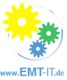 Drei bunte Zahnräder im Kreis, darunter die Website www.EMT-IT.de in blauer Schrift.