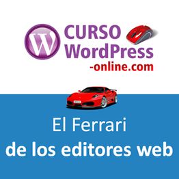 Curso online de WordPress, ilustrado con un Ferrari rojo y un logo.