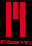 Rotes Logo mit abstraktem Symbol und dem Text "MR-Bausanierung" auf schwarzem Hintergrund.