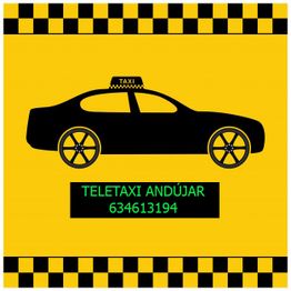 Imagen de un taxi negro con texto: "TELETAXI ANDÚJAR" y número de teléfono en fondo amarillo.