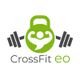 Logo von CrossFit eo mit grüner Kettlebell und Arme-Hantel-Illustration.