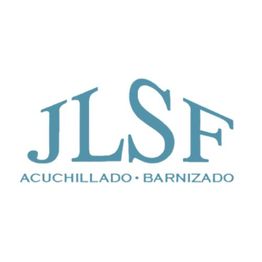 Logotipo azul con las letras "JLSF" y texto "Acuchillado Barnizado" debajo.