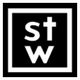 Schwarzes Quadrat mit weißen Buchstaben "st" oben und "w" unten, von Rahmen umgeben.
