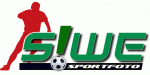 Logo mit rotem Fußballspieler und grünem Text "SIWE Sportfoto", ein Fußball ist Teil des Designs.