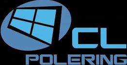 Logo med vinduesmotiv og teksten "CL Polering" i blå på sort baggrund.
