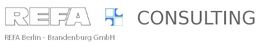 Logo von REFA Berlin-Brandenburg GmbH und CONSULTING mit blauem Kreuzsymbol.