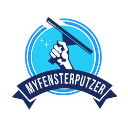 Eine Hand hält einen Fensterwischer; darunter steht "MyFensterputzer" auf einem Banner.