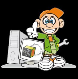 Comic-Figur mit Werkzeug gibt Daumen hoch vor einem Computer.