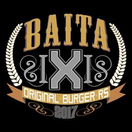 Logo do "Baita Xis Original Burger RS" com espigas de trigo e data 2017 em fundo preto.