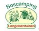 Afbeelding van logo met "Boscamping Langeloërduinen", campingactiviteiten in groene en rode tekst.