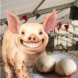 Fröhliches Schwein mit großem Lächeln und zwei Brötchen im Zelt mit bunten Wimpeln.