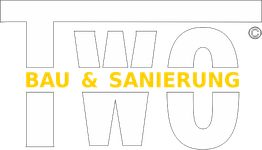 Logo mit Schriftzug "TWO Bau & Sanierung" in Weiß und Gelb auf schwarzem Hintergrund.