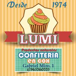 Imagen de anuncio de confitería Lumi con cupcake y detalles de contacto.