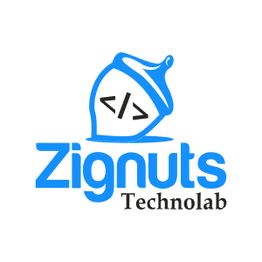 Blue acorn logo with code symbol, text "Zignuts Technolab" beneath.
