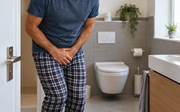 Mann hält sich mit beiden Händen den Unterleib und steht vor einer Toilette im Badezimmer. Symbolbild für häufigen Harndrang beim Mann.