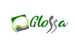 Logotipo de Glossa: texto verde y gris con un diseño de hoja estilizada a la izquierda.