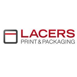 Logo von Lacers Print & Packaging in Rot und Grau mit stilisiertem Quadrat links.
