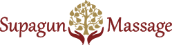 Logo mit Baum und Händen; Text: "Supagun Massage".