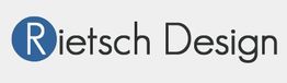 Logo mit Text "Rietsch Design" und einem blauen Kreis mit weißem "R" darin.