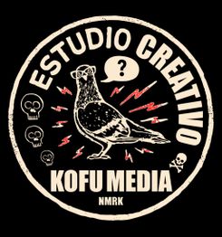 Logo circular con paloma, calaveras y texto: "Estudio Creativo Kofu Media NMRK".