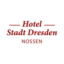 Logo des Hotels "Stadt Dresden Nossen" in roter Schrift auf weißem Hintergrund.