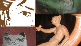 Collage mit Keramik-Katze, abstrakten Formen und Skulptur einer Frau mit Vogel auf dem Arm.