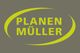 Gelber Text "PLANEN MÜLLER" auf grauem Hintergrund, eingerahmt von zwei gelben Halbkreisen.