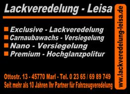 Schwarzes Schild mit orange-weißer Aufschrift, Infos zu Lackveredelung und Kontakt in Marl.