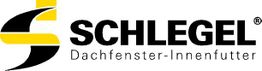Logo von Schlegel mit gelbem und schwarzem Symbol, Text: Dachfenster-Innenfutter.