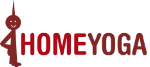 Logo mit einer roten Figur in Baumstellung und dem Wort "Homeyoga" in Rot.