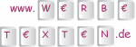 Schriftzug: www.w€rb€t€xt€n.de in lila auf weißen Tasten.