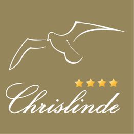Schwungvolle Möwe, Schriftzug "Chrislinde", drei gelbe Sterne auf olivgrünem Hintergrund.