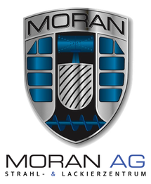 Logo von Moran AG, Strahl- & Lackierzentrum; silber-blaues Wappen mit Schriftzug.