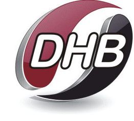 Logo mit den Buchstaben DHB auf rotem, weißem und schwarzem Hintergrund.