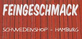 Rot bemalte Holzwand mit der Aufschrift "Feingeschmack Schwedenshop - Hamburg".