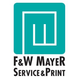 Logo von F&W Mayer Service & Print, mit stilisiertem Buchstabe in einem türkisfarbenen Quadrat.