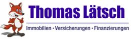 Schriftzug "Thomas Lätsch" mit Fuchs-Illustration; Geschäftsbereiche: Immobilien, Versicherungen, Finanzierungen.