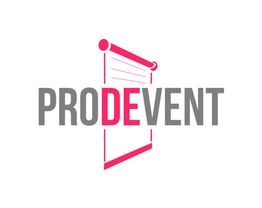 Logo con texto "PRODEVENT" y gráfico de una hoja de papel en tonos grises y rojos.