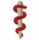 Ein roter Stab mit einer sich darum windenden roten Schlange, Symbol für Medizin.